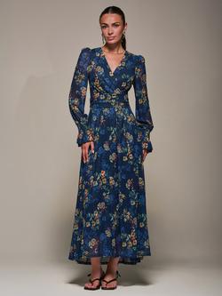 Jolie Moi Floral Long Sleeve Mesh Maxi Dress, Navy Floral, Navy Floral