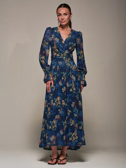 Jolie Moi Floral Long Sleeve Mesh Maxi Dress, Navy Floral, Navy Floral