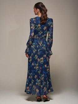 Jolie Moi Floral Long Sleeve Mesh Maxi Dress, Navy Floral - view 2, Navy Floral