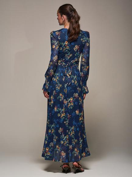 Jolie Moi Floral Long Sleeve Mesh Maxi Dress, Navy Floral - view 2, Navy Floral