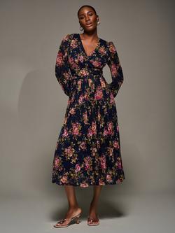 Jolie Moi Floral Long Sleeve Lace Maxi Dress, Navy Pink Floral, Navy Pink Floral