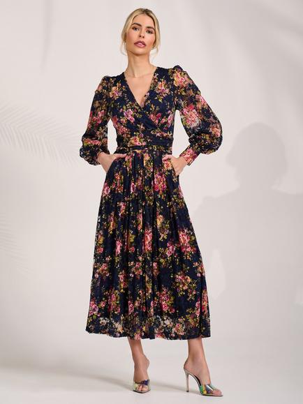 Jolie Moi Floral Long Sleeve Lace Maxi Dress, Navy Pink Floral, Navy Pink Floral
