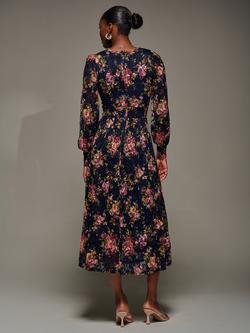 Jolie Moi Floral Long Sleeve Lace Maxi Dress, Navy Pink Floral - view 2, Navy Pink Floral