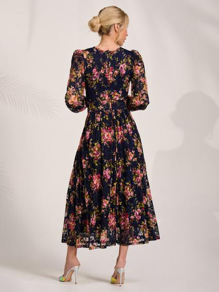 Jolie Moi Floral Long Sleeve Lace Maxi Dress, Navy Pink Floral - view 2, Navy Pink Floral