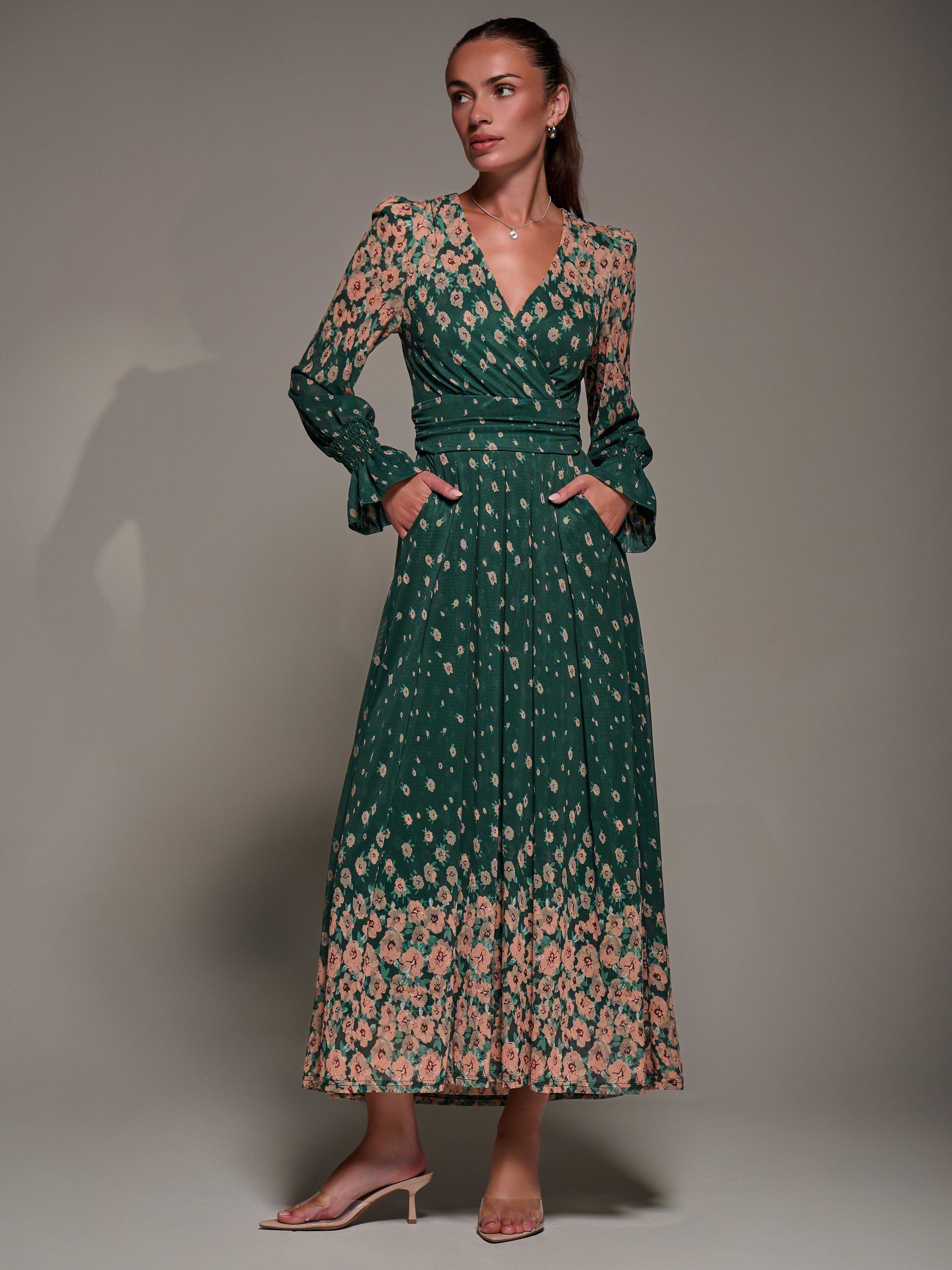 Jolie Moi Floral Mirrored Long Sleeve Mesh Maxi Dress, Green Floral