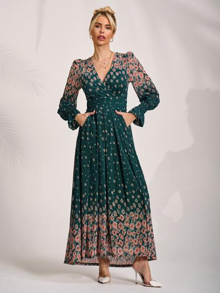 Jolie Moi Floral Mirrored Long Sleeve Mesh Maxi Dress, Green Floral, Green Floral