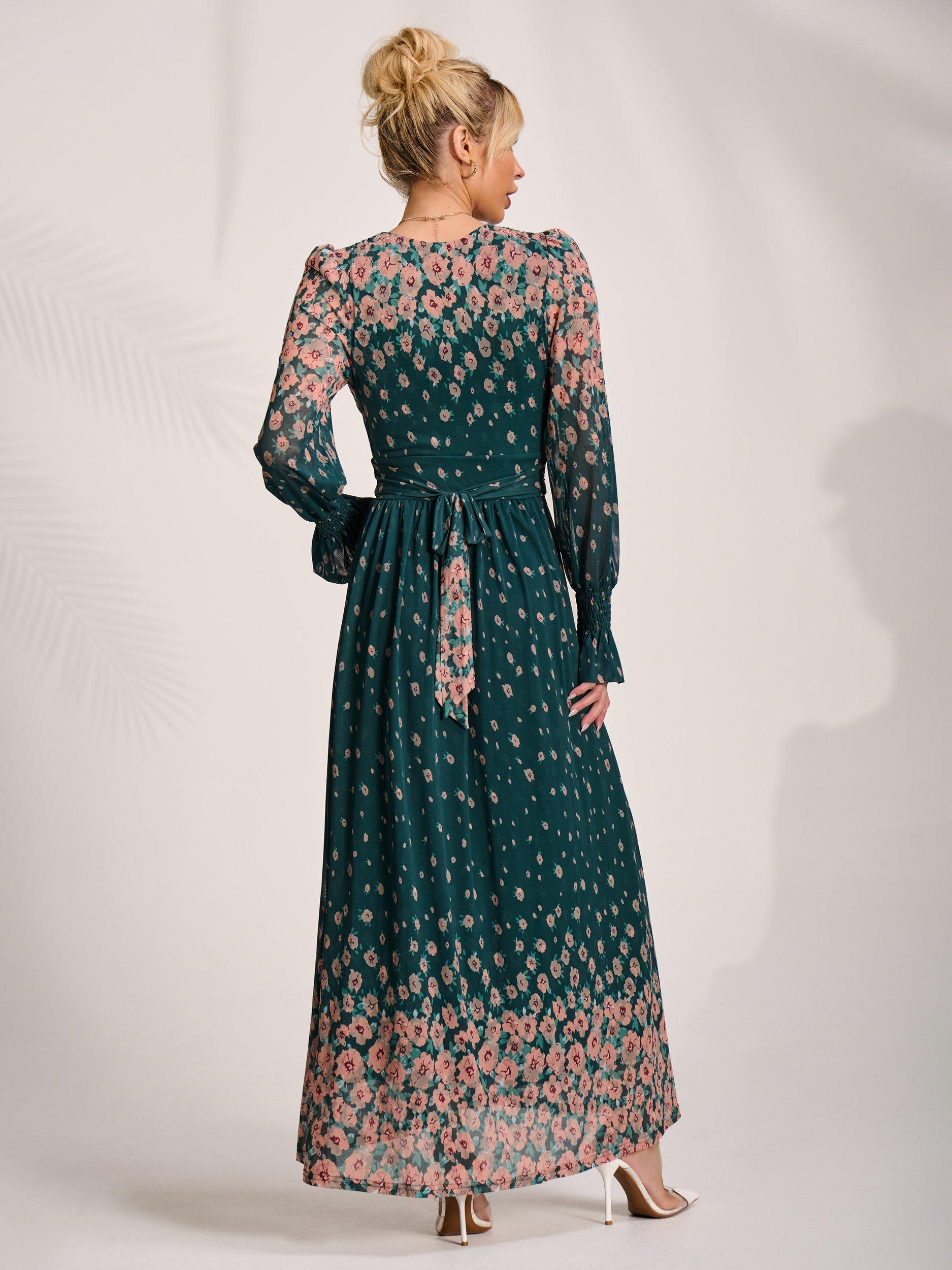 long sleeve green floral maxi dress PRETTYGARDEN Women's Floral Bodycon Maxi Dress Fall Elegant Mesh Long main image 1
