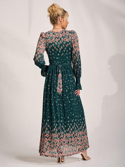 Jolie Moi Floral Mirrored Long Sleeve Mesh Maxi Dress, Green Floral - view 2, Green Floral