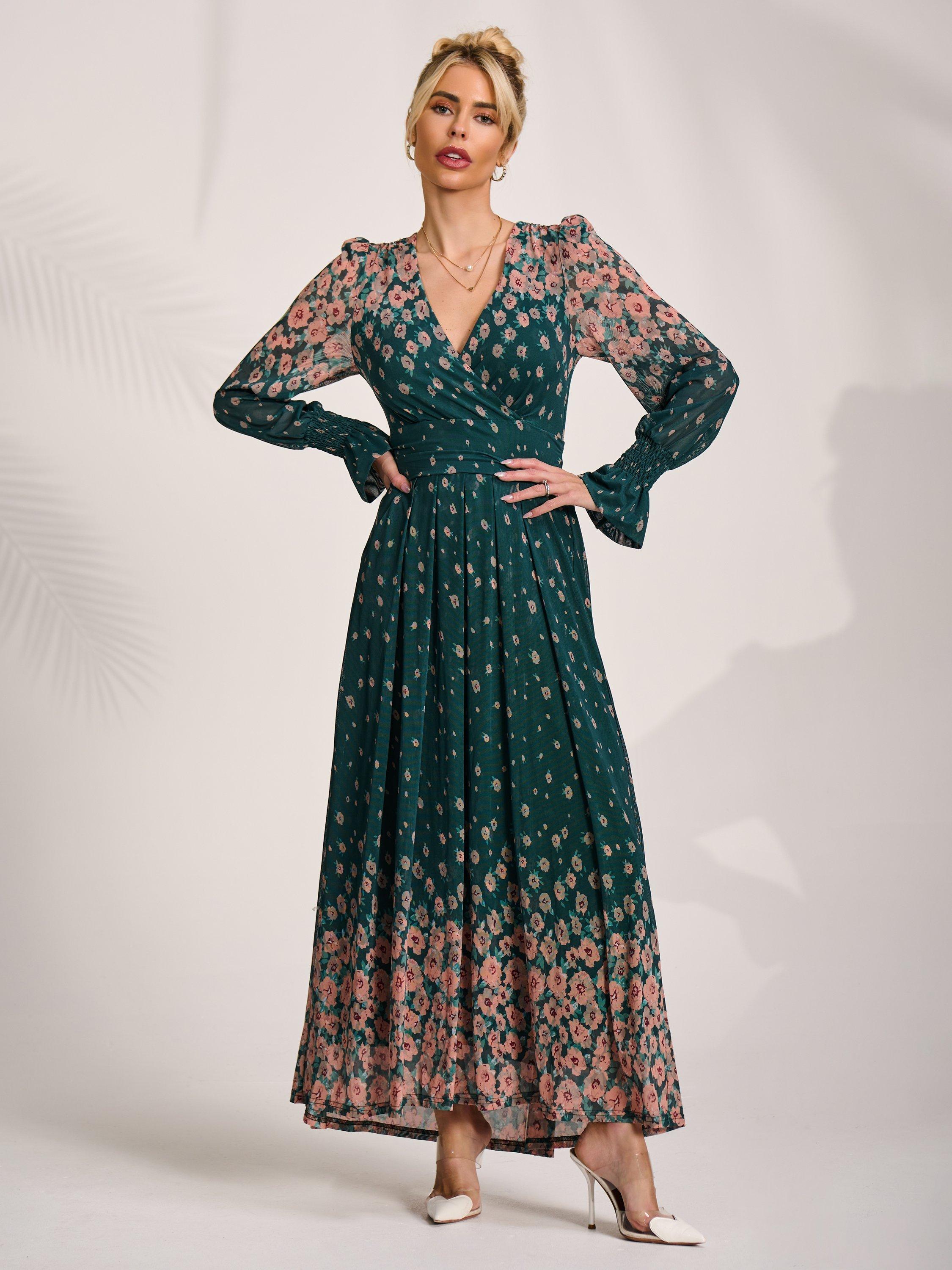Jolie Moi Floral Mirrored Long Sleeve Mesh Maxi Dress, Green Floral