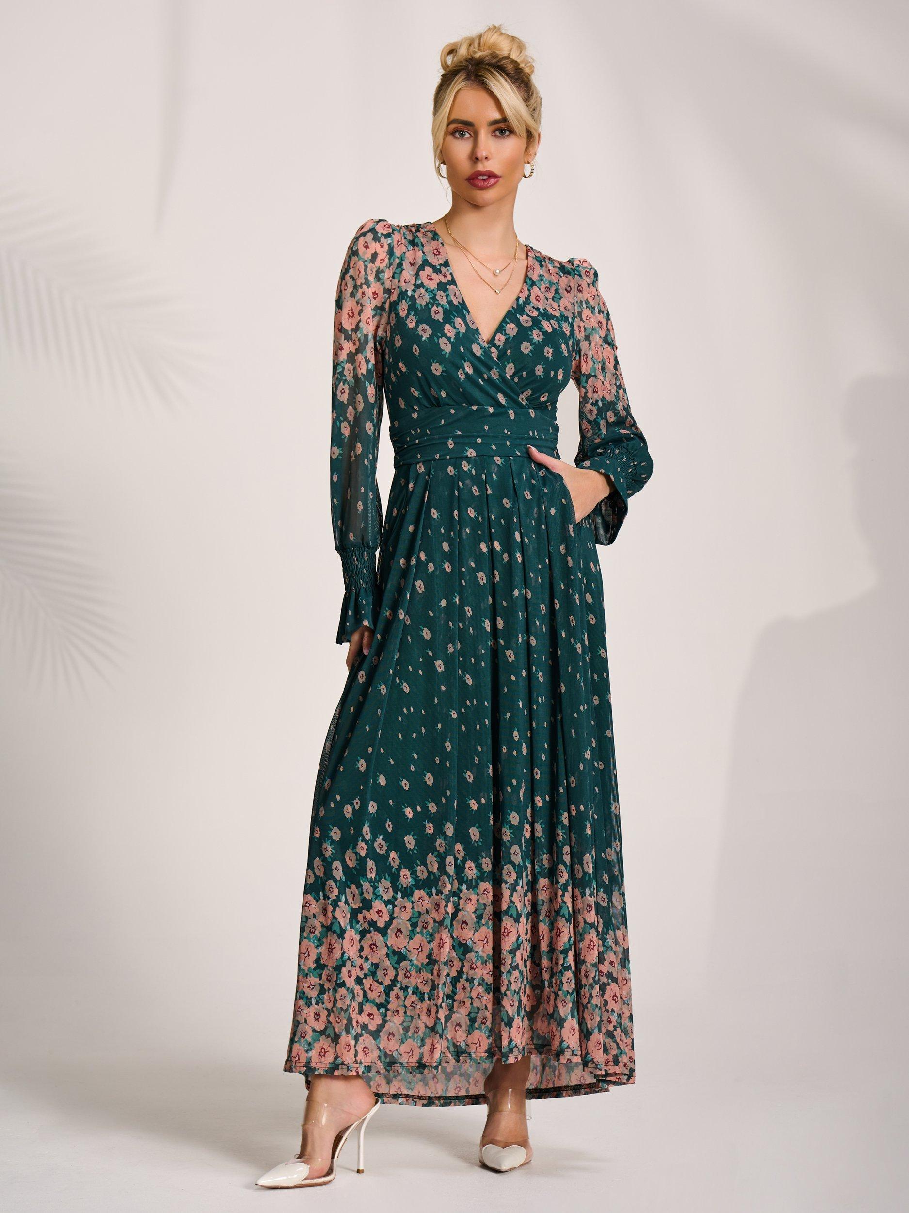 Jolie Moi Floral Mirrored Long Sleeve Mesh Maxi Dress, Green Floral