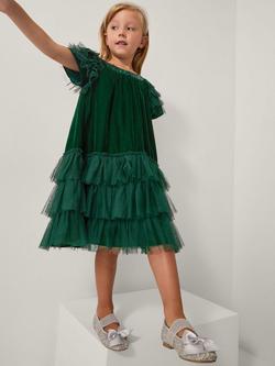 Monsoon Kids' Alexandra Velvet Frill Dress, Green, Green