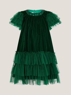 Monsoon Kids' Alexandra Velvet Frill Dress, Green - view 2, Green