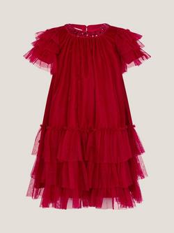 Monsoon Kids' Alexandra Velvet Ruffle Party Dress, Red - view 2, Red