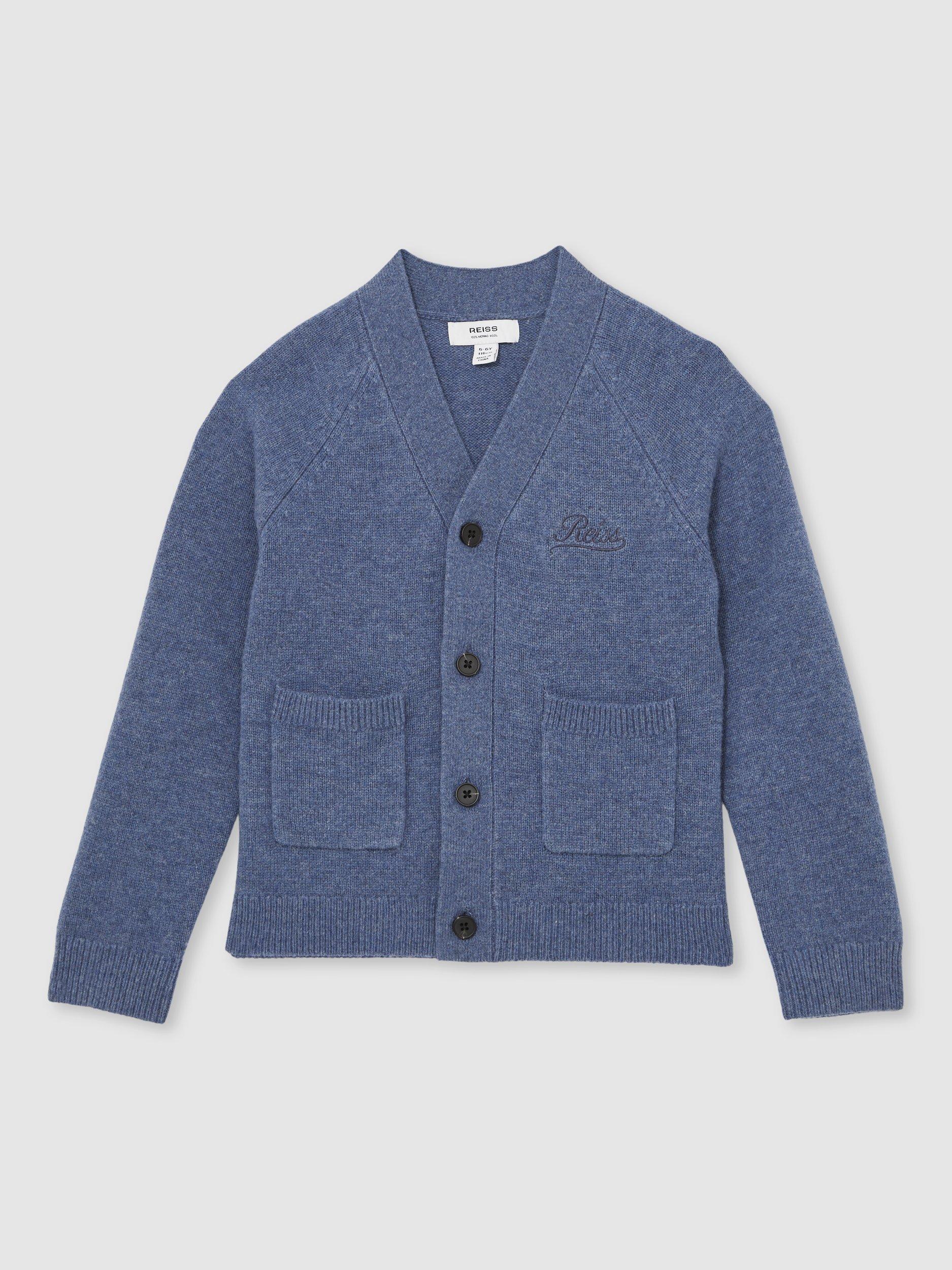 Product image 1 of 4, which shows Reiss Station Embroidered Logo Cardigan, Blue, 3-4 years