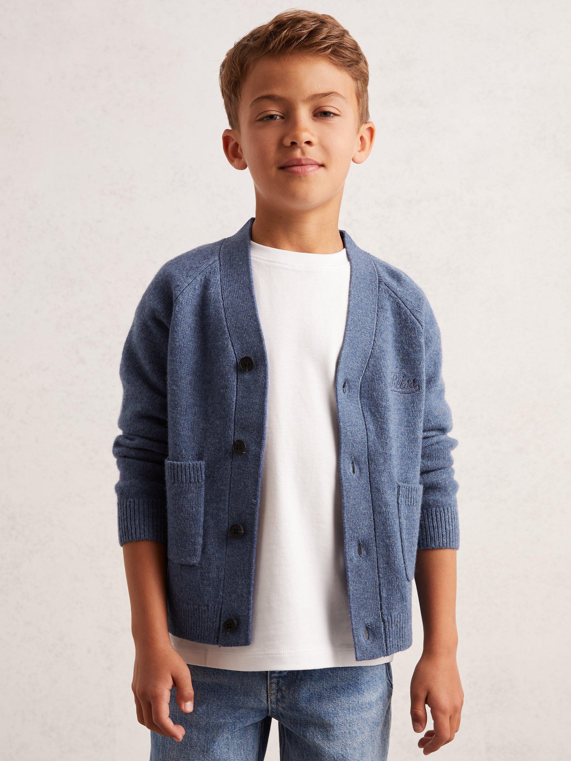 Product image 2 of 4, which shows Reiss Station Embroidered Logo Cardigan, Blue, 3-4 years