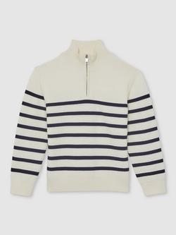 Reiss Kids' Graham Striped Zip Jumper, Off White/Navy, Off White/Navy