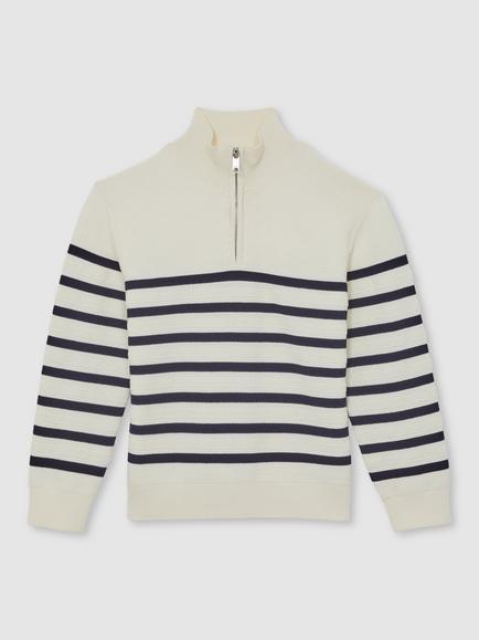 Reiss Kids' Graham Striped Zip Jumper, Off White/Navy, Off White/Navy