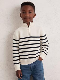 Reiss Kids' Graham Striped Zip Jumper, Off White/Navy - view 2, Off White/Navy