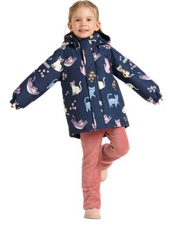 Lindex Kids' Waterproof Hooded Cat Print Jacket, Dark Blue, Dark Blue