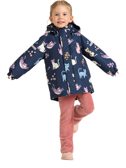 Lindex Kids' Waterproof Hooded Cat Print Jacket, Dark Blue, Dark Blue