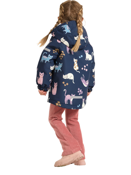 Lindex Kids' Waterproof Hooded Cat Print Jacket, Dark Blue - view 2, Dark Blue