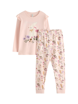 Lindex Kids' Cotton Long Sleeved Floral Pyjama Set, Light Pink, Light Pink