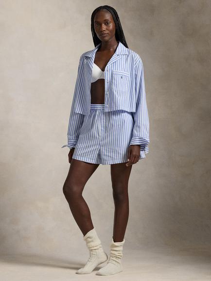 Ralph Lauren Crop Top Striped Boxer Pyjama Set, White X Hydrangea