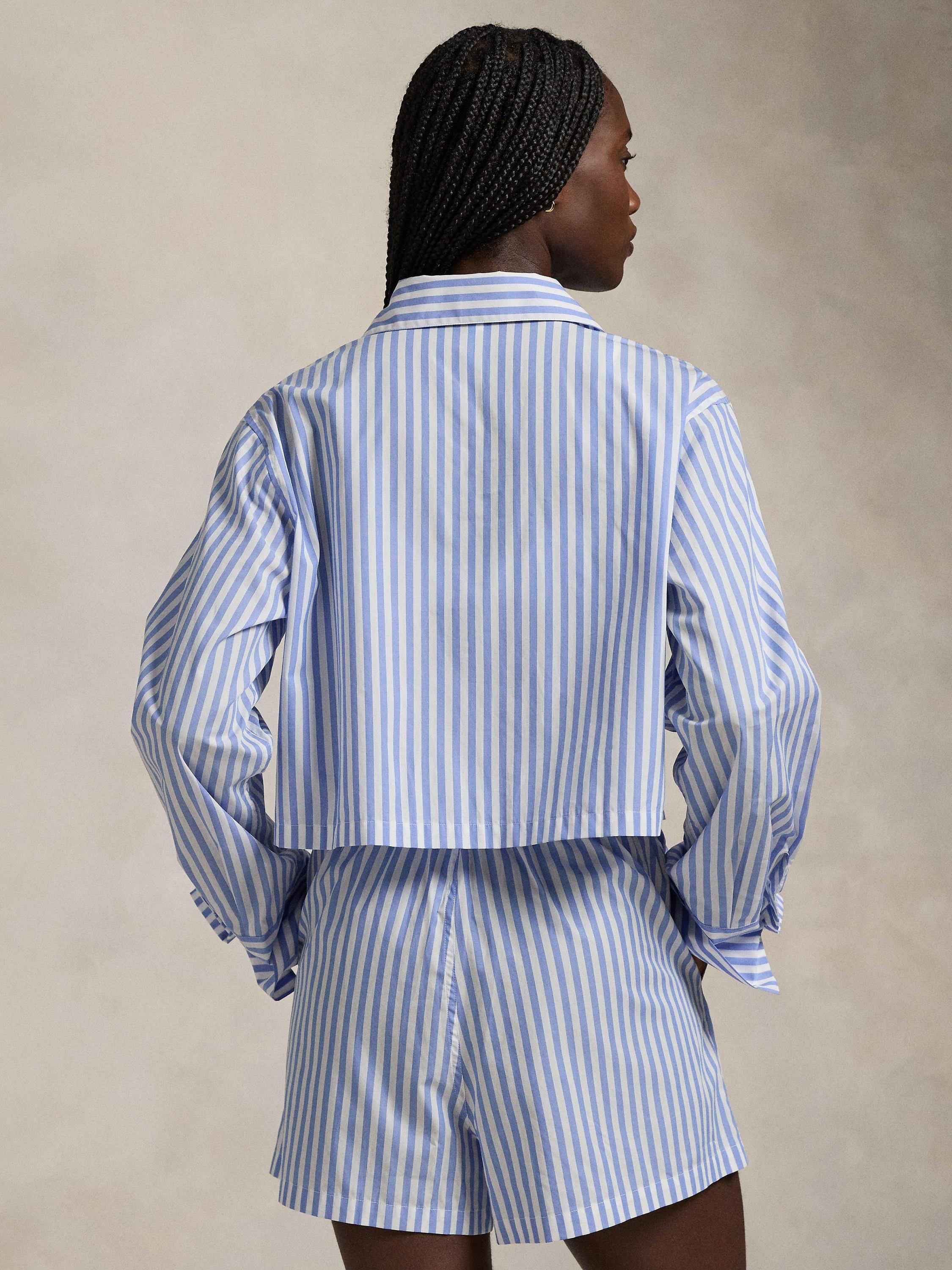 Product image 2 of 5, which shows Ralph Lauren Crop Top Striped Boxer Pyjama Set, White X Hydrangea, XS