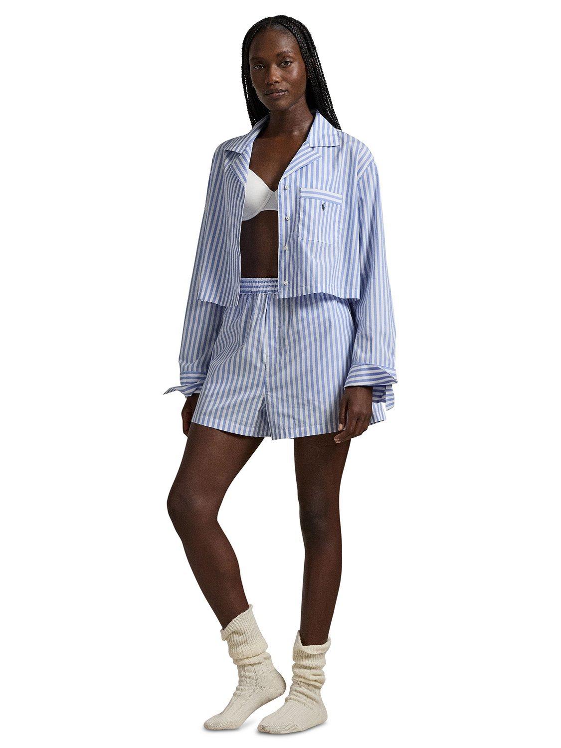 Product image 4 of 5, which shows Ralph Lauren Crop Top Striped Boxer Pyjama Set, White X Hydrangea, XS