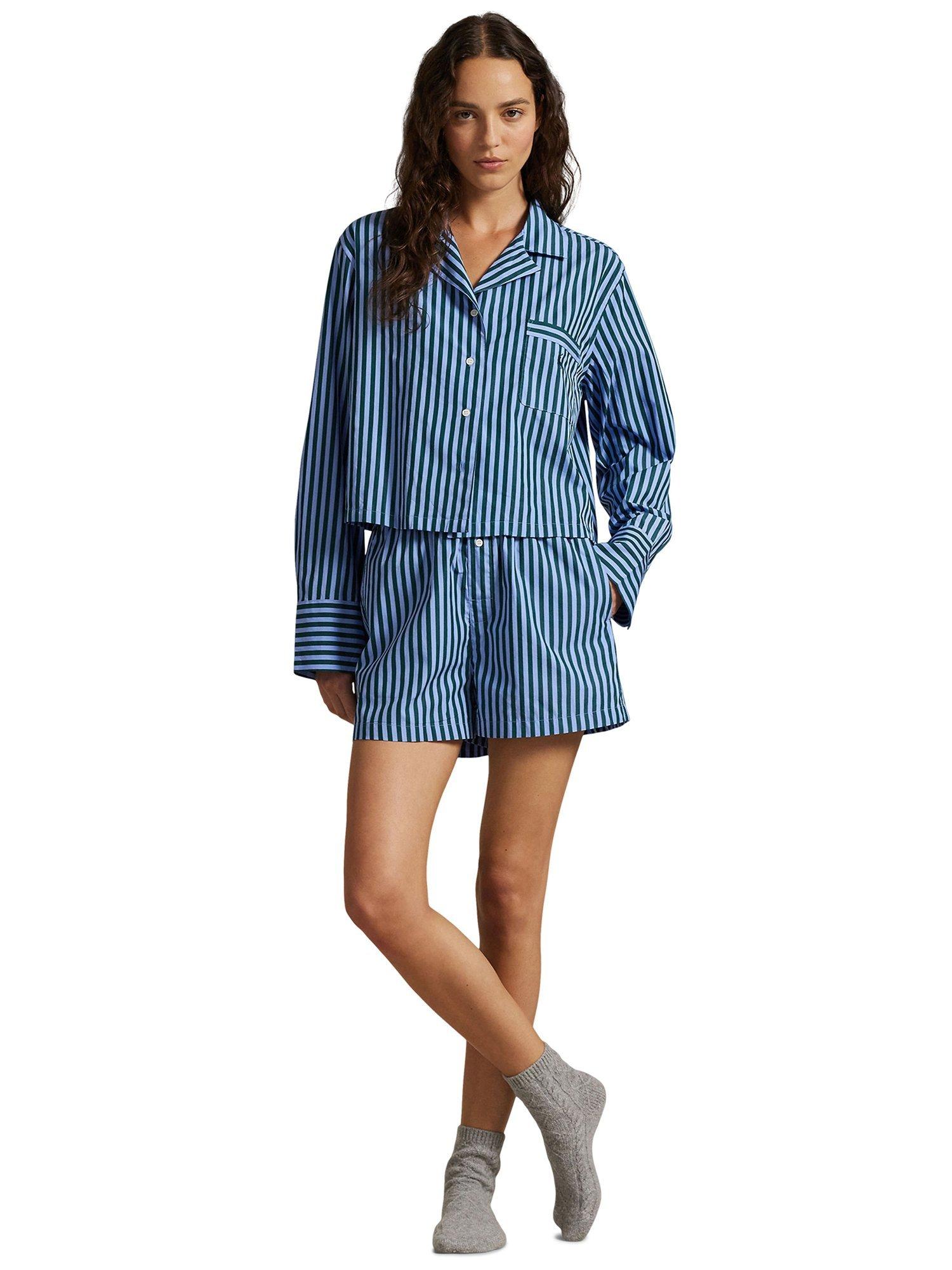 Product image 1 of 5, which shows Ralph Lauren Crop Top Striped Boxer Pyjama Set, Chambray/Green, XS