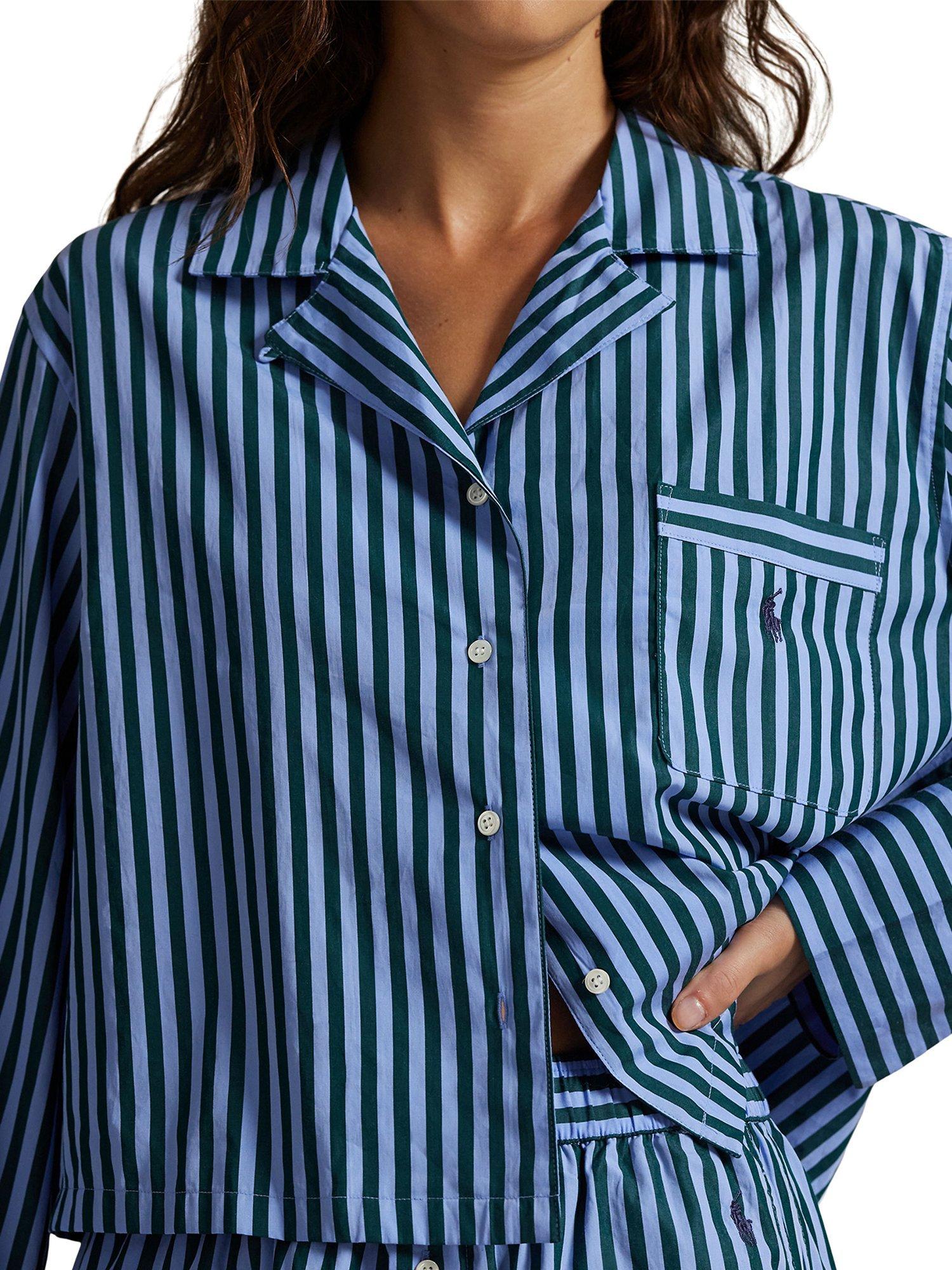 Product image 4 of 5, which shows Ralph Lauren Crop Top Striped Boxer Pyjama Set, Chambray/Green, XS