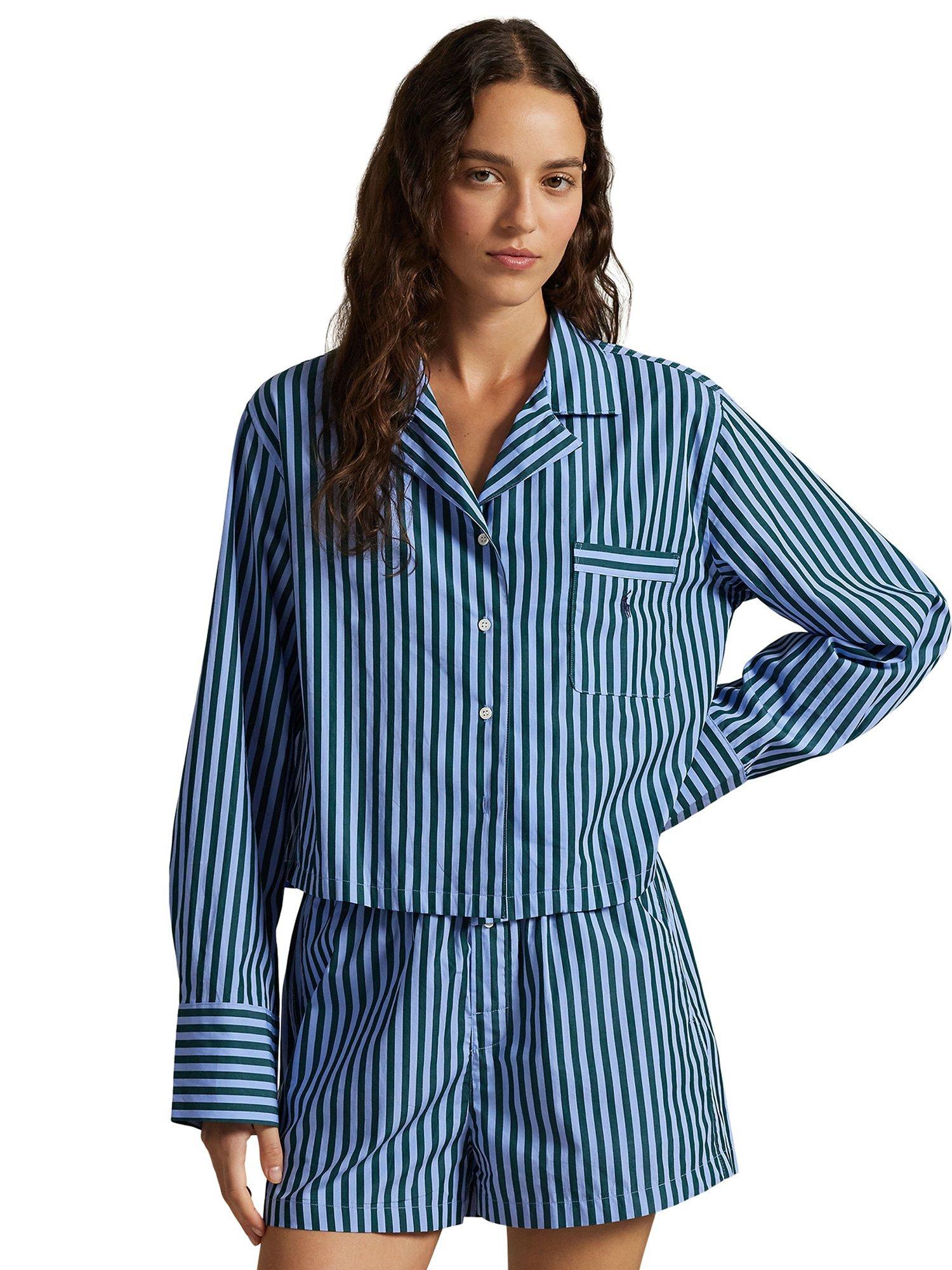 Product image 5 of 5, which shows Ralph Lauren Crop Top Striped Boxer Pyjama Set, Chambray/Green, XS