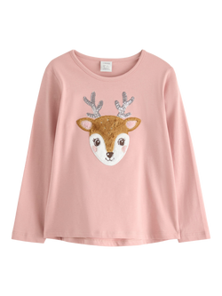 Lindex Kids' Cotton Long Sleeved Reindeer T-Shirt, Dusty Pink, Dusty Pink