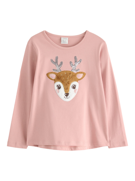 Lindex Kids' Cotton Long Sleeved Reindeer T-Shirt, Dusty Pink, Dusty Pink