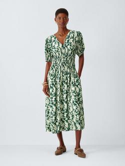 John Lewis Floral Shirred Waist Midi Dress containing LENZING™ ECOVERO™ Viscose, Pine Green Floral, Pine Green Floral