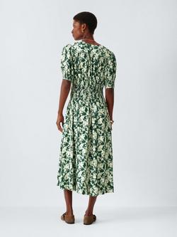 John Lewis Floral Shirred Waist Midi Dress containing LENZING™ ECOVERO™ Viscose, Pine Green Floral - view 2, Pine Green Floral