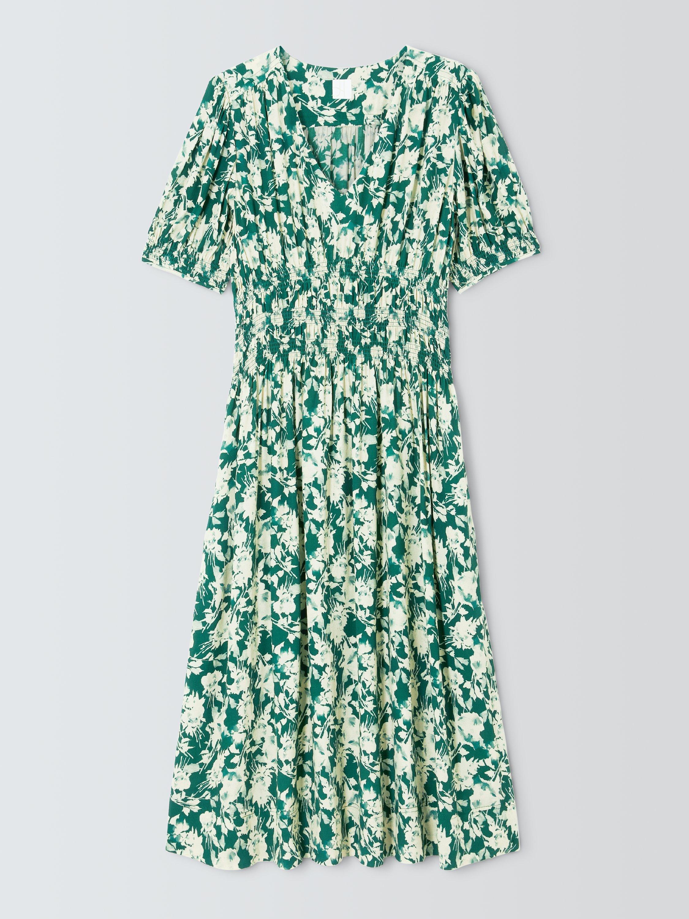 John Lewis Floral Shirred Waist Midi Dress containing LENZING ECOVERO  Viscose, Pine Green Floral
