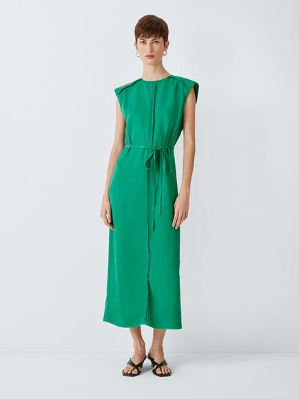 John Lewis Sleeveless Column Midi Dress with Linen, Pine Green