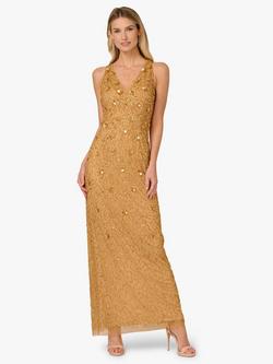 Adrianna Papell Beaded V-Neck Gown, Golden Ray, Golden Ray