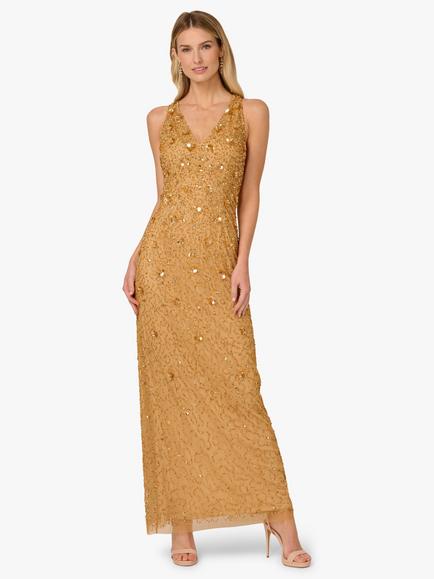Adrianna Papell Beaded V-Neck Gown, Golden Ray, Golden Ray