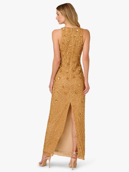 Adrianna Papell Beaded V-Neck Gown, Golden Ray - view 2, Golden Ray