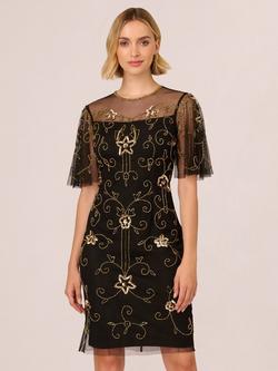Adrianna By Adrianna Papell Beaded Illusion Neck Cocktail Dress, Black/Gold, Black/Gold
