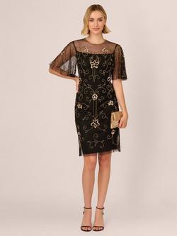 Adrianna By Adrianna Papell Beaded Illusion Neck Cocktail Dress, Black/Gold - view 2, Black/Gold