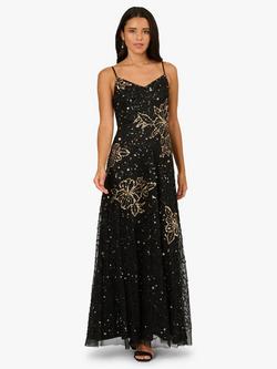 Adrianna Papell Beaded Mesh Flower V-Neck Gown, Black/Gold, Black/Gold