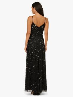 Adrianna Papell Beaded Mesh Flower V-Neck Gown, Black/Gold - view 2, Black/Gold