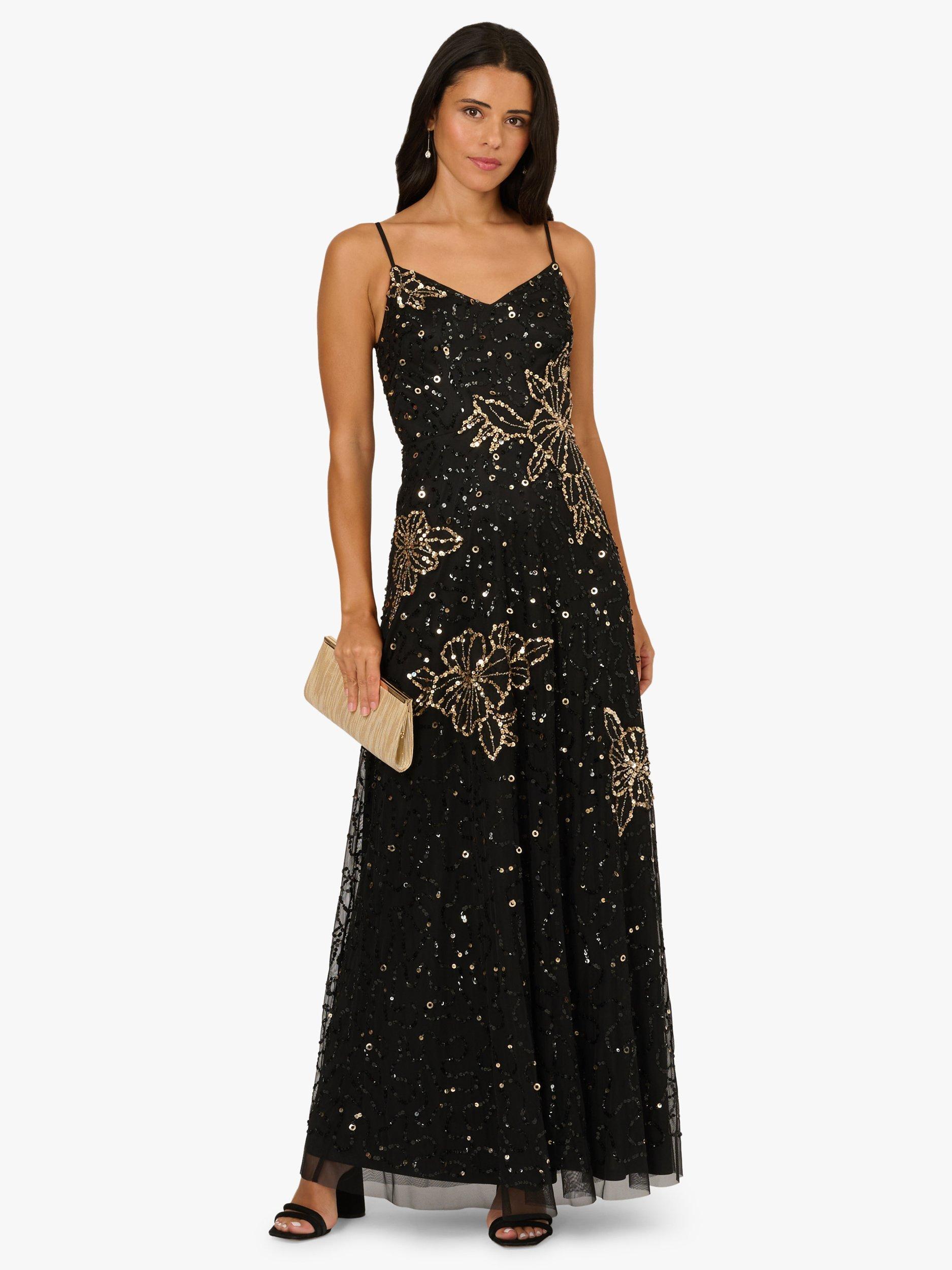 Adrianna Papell Beaded Mesh Flower V-Neck Gown, Black/Gold