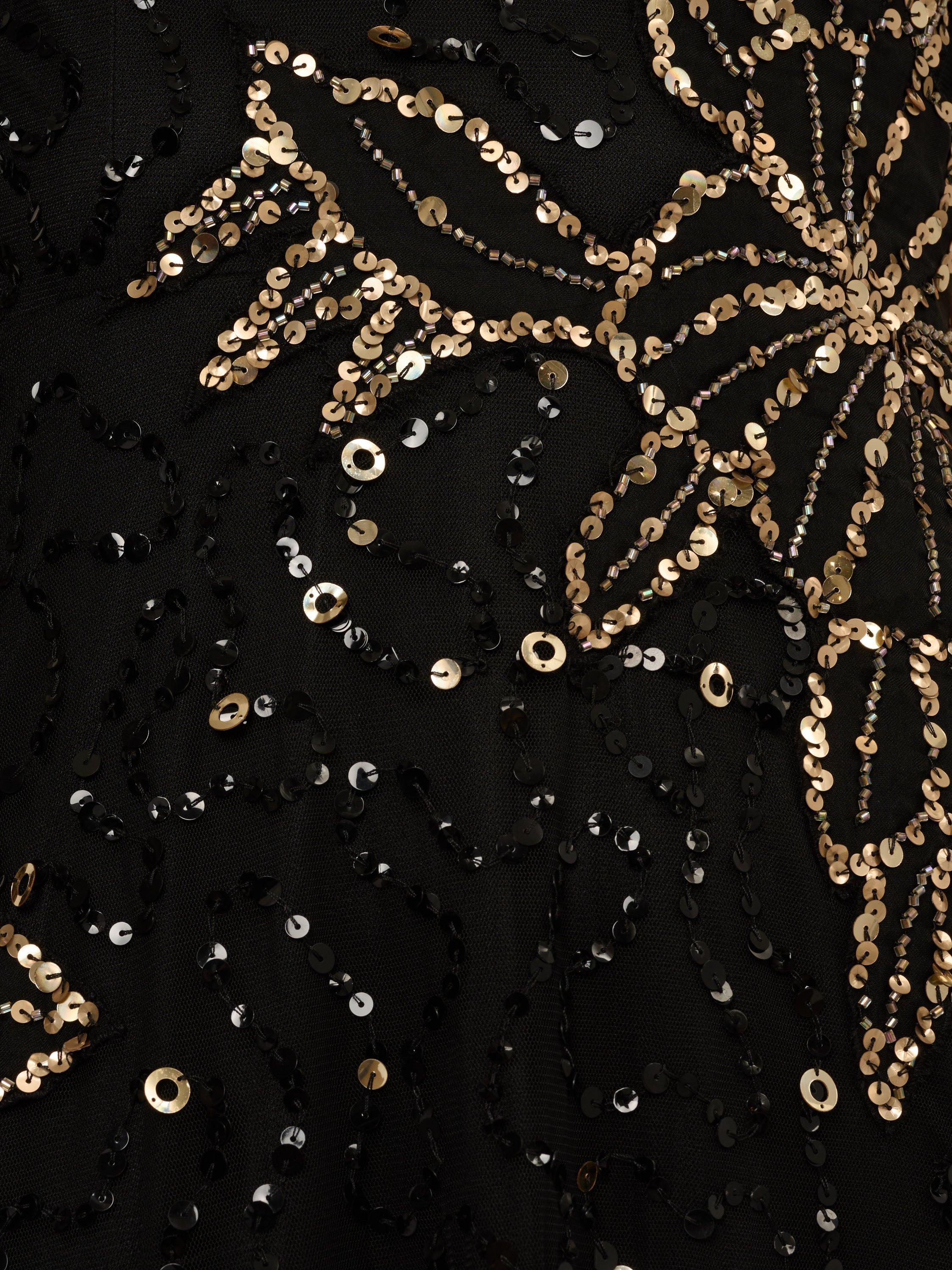Adrianna Papell Beaded Mesh Flower V-Neck Gown, Black/Gold