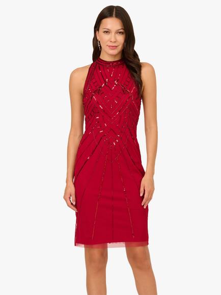 Adrianna Papell Studio Beaded Mock Halter Neck Cocktail Dress, Cranberry, Cranberry