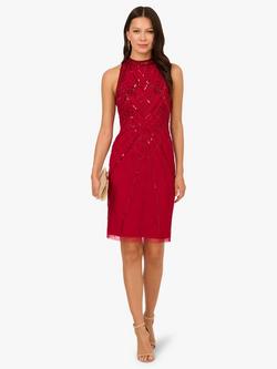 Adrianna Papell Studio Beaded Mock Halter Neck Cocktail Dress, Cranberry - view 2, Cranberry
