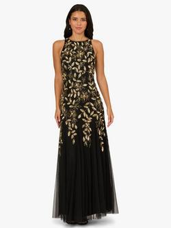Adrianna Papell Beaded Godet Gown, Black/Gold, Black/Gold